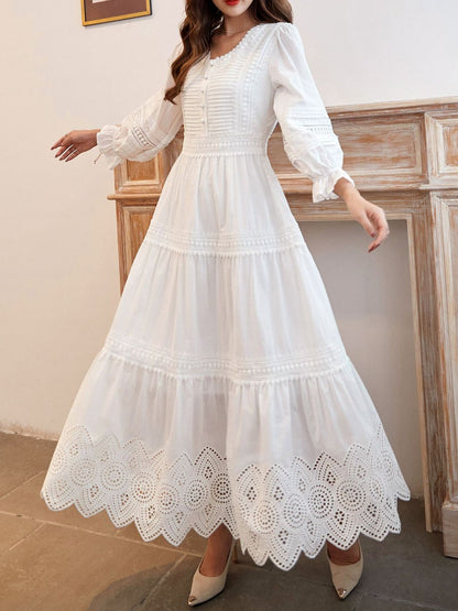 Lace Elegant Women's Dress Spring Hollow Button V Neck Lantern Sleeve White Long Dresses Boho Casual Holiday Vestidos