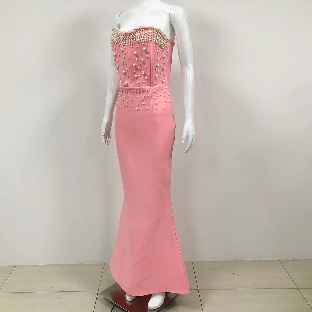 maoxiangshop  Summer New Pink Women's Sexy Luxury Strapless Pearl Beaded Mermaid Bandage Long Dress Bodycon celebrity Party Evening Dress