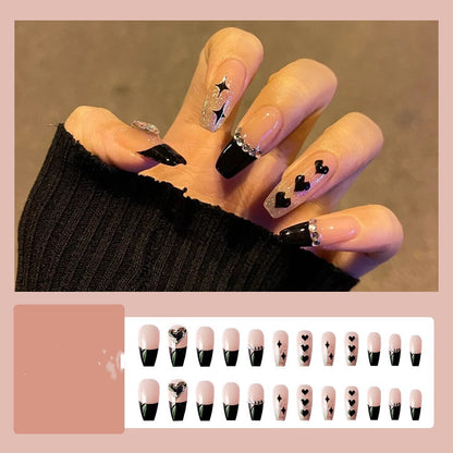 24Pcs Glitter Nails Set Press on With Glue Black Heart Design Fake Nails Detachable False Nails Full Cover Nail Tips for Girls