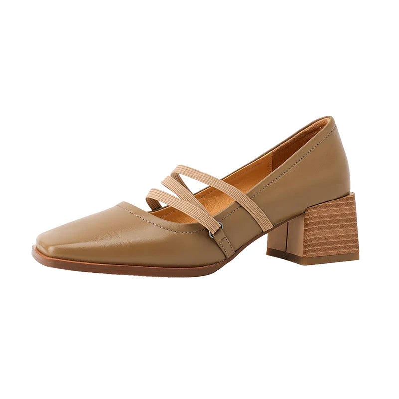 maoxiangshop -  Spring/Autumn Fashion Women Shoes SquareToe Chunky Heel Shoes Women Cow Leather Med Heel Women Pumps Solid Retro Mary Janes