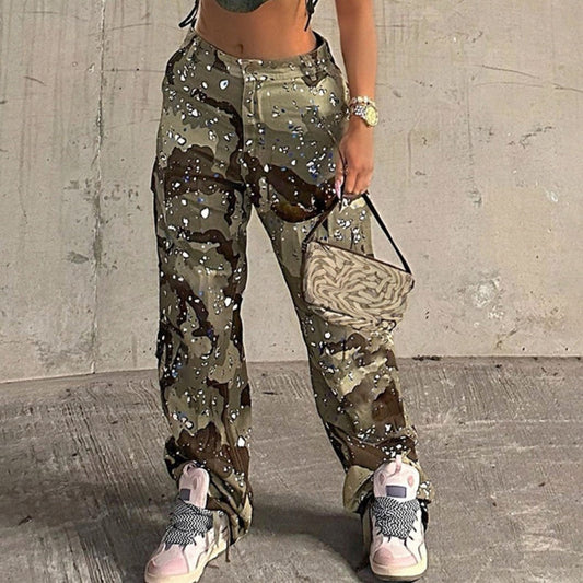 maoxiangshopCamo Flare Cargo Pants For Women High Waist Big Size Camouflage Print Baggy Techwear Patchwork Pocket Summer Streetwear Trousers