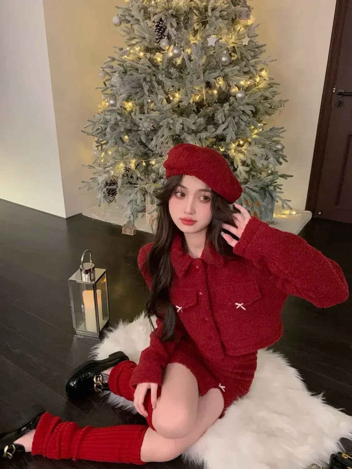 maoxiangshop  -  New Year's Robe Red Skirt Set Autumn/Winter Christmas Dress Up High End Sweet Short Coat Mini Skirt Two Piece Set Women Outfits