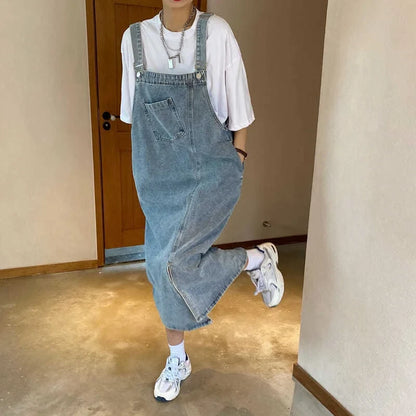 maoxiangshop Spring Summer Denim Overall Dress Women Sleeveless Jeans Dresses Fashion Female Solid Slip Casual Loose Spaghetti Strap Dresses