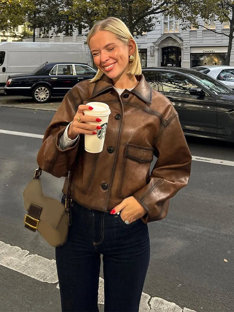 maoxiangshop  -  Retro Solid Color Button Pu Women's Leather Jacket Fashion Collar Pocket Long Sleeved Coat Autumn Ladies Casual High Streetwear