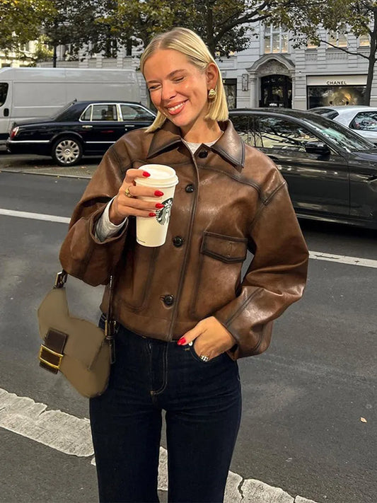maoxiangshop  -  Retro Solid Color Button Pu Women's Leather Jacket Fashion Collar Pocket Long Sleeved Coat Autumn Ladies Casual High Streetwear