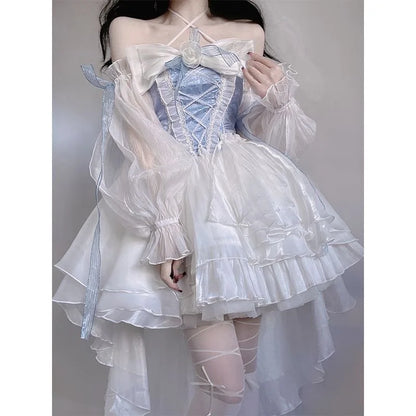 Elegant Girl Cosplay Princess Puff Sleeve Ribbon Bowknot Flower Tunic Mesh Fantastic Fairy Lolita Dress For Women