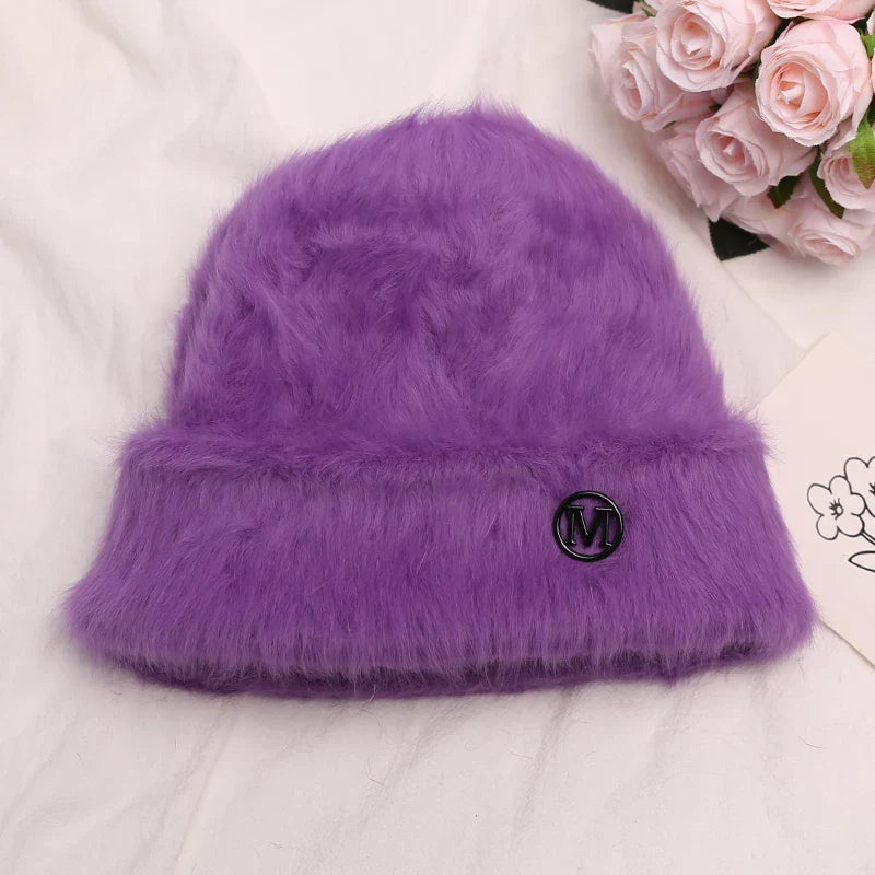 maoxiangshop New Fashion Rabbit Fur Y2k Beanies for Women Soft Warm Fluffy Angola Winter Hat Female Windproof Bonnet Hat Skullies Cap