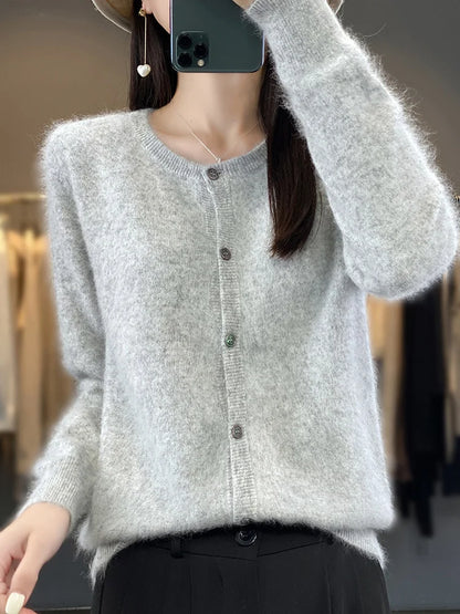 maoxiangshop Aliselect Women Cardigan Super Warm Pure Mink Cashmere Sweaters O-neck Loose Female Clothes Ladies' Solid Color Knitwear Tops