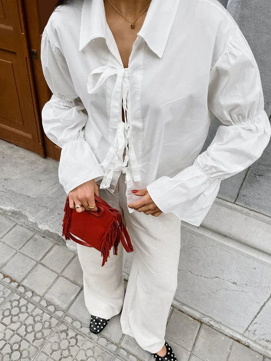 maoxiangshop  -  White Elegant Blouse Women Autumn New Chic Turndown Collar Lantern Sleeve Blouses Casual Fashion Lace-up Office Lady Shirts 2024