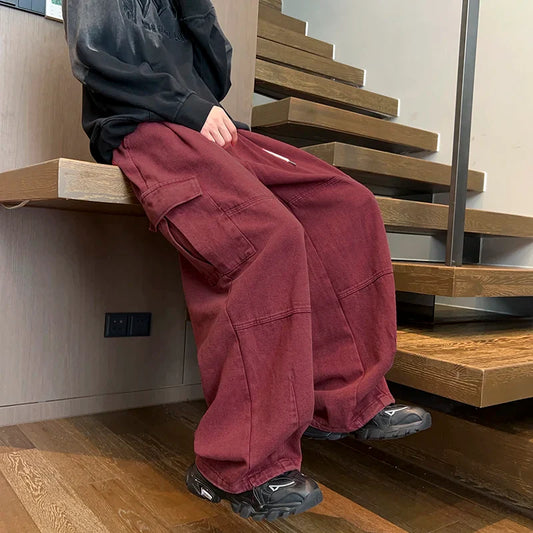 maoxiangshop Men's Patchwork Cargo Jeans Oversized Wide Leg Trousers Men Muti-pockets Hip Hop Streetwear 90s Vintage Fashion Tooling Pants