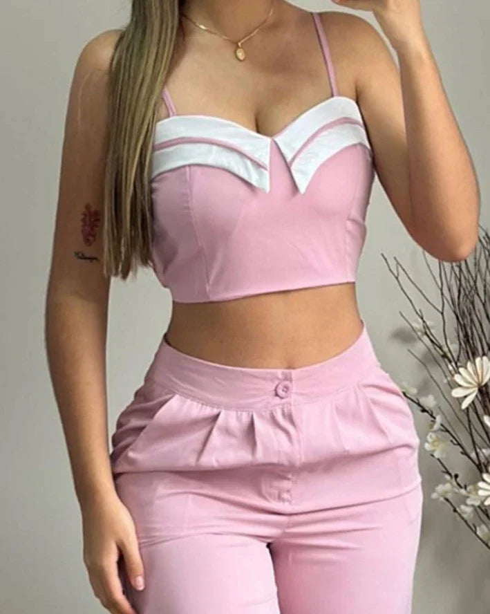 maoxiangshop Sexy Elegant Crop Cami Top & Ruched Pocket Design Pants Set Womens Two Piece Sets Outfit New Fashion 2024 Summer Casual