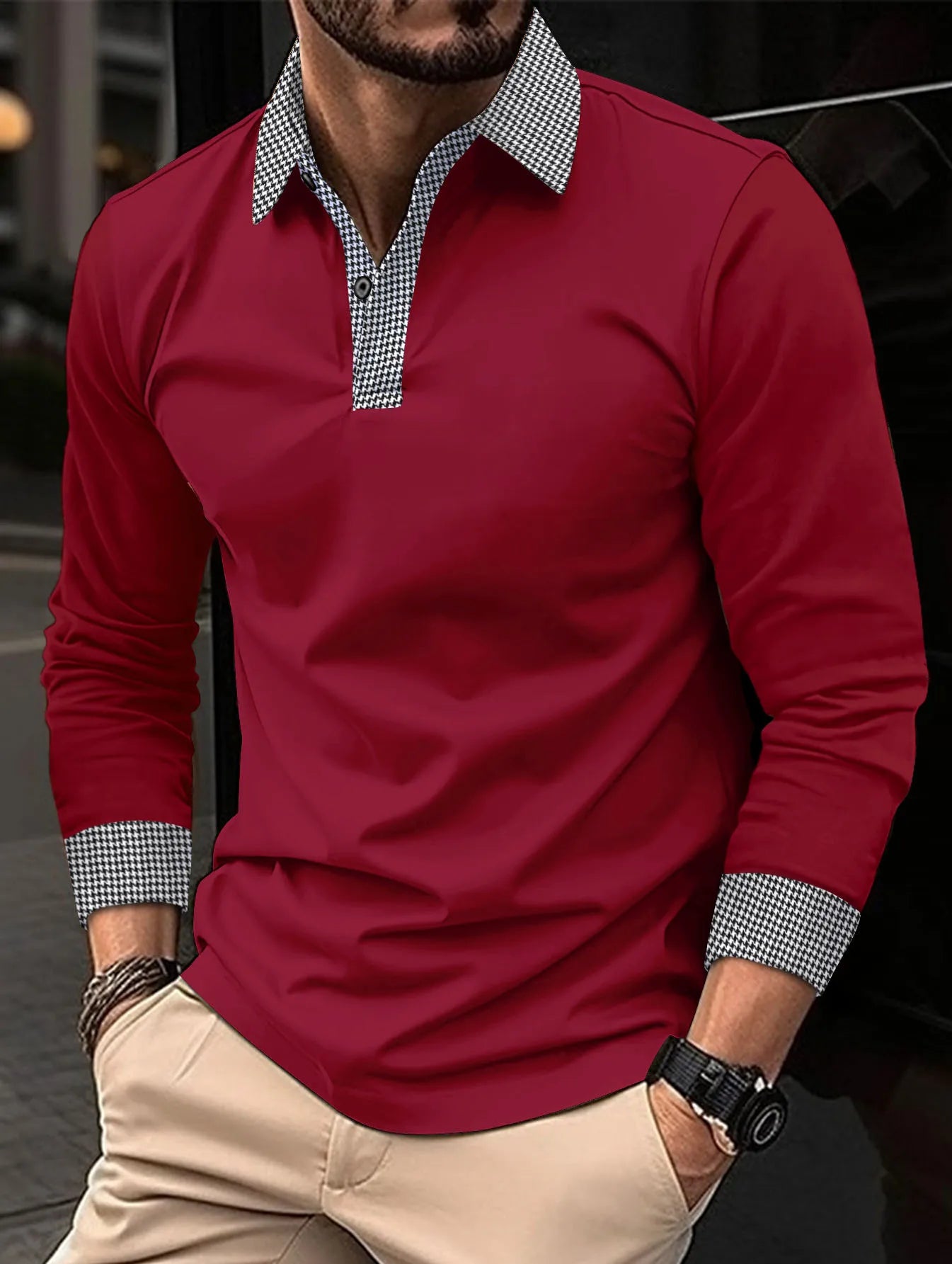 maoxiangshop Spring And Autumn New Men's Casual Long sleeved Polo Shirt Fashion Thousand Bird Check Polo Collar Button Breathable Polo Shirt