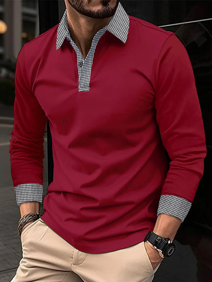 maoxiangshop Spring And Autumn New Men's Casual Long sleeved Polo Shirt Fashion Thousand Bird Check Polo Collar Button Breathable Polo Shirt