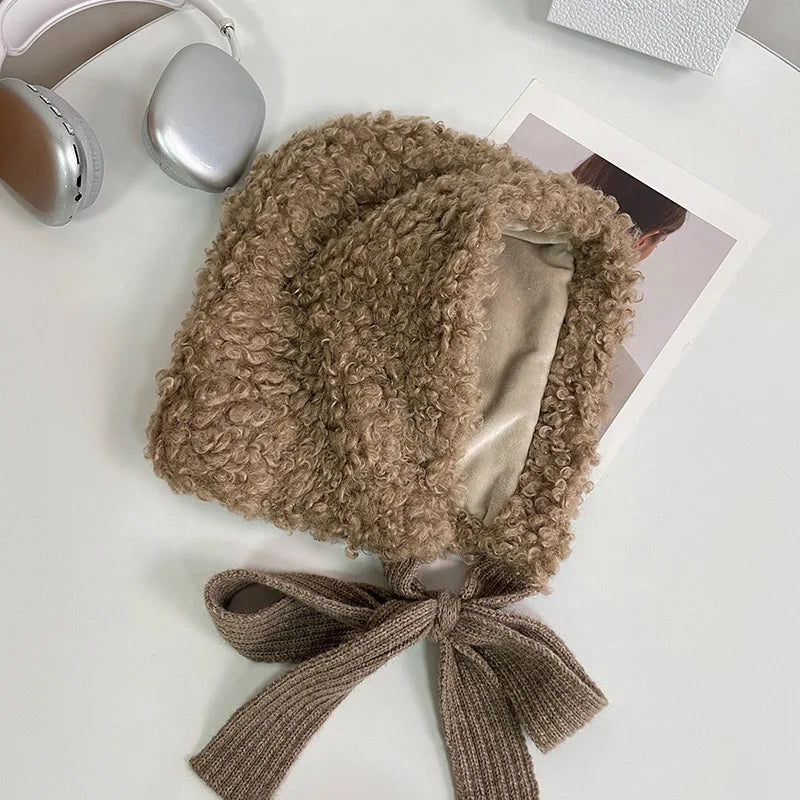 maoxiangshop  -  Lamb Wool Beanies for Women Winter Plush Warm Pullover Hats Thickened Windproof Ear Protection Cap Red Steeple Christmas Bonnets
