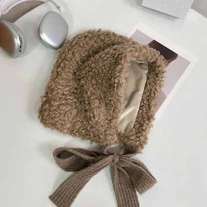 maoxiangshop  -  Lamb Wool Beanies for Women Winter Plush Warm Pullover Hats Thickened Windproof Ear Protection Cap Red Steeple Christmas Bonnets