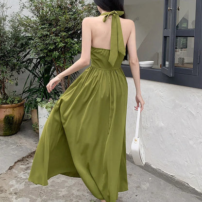 maoxiangshop-Women's elegant dress 2024 Spring Festival new Europe and the United States tied avocado color neck A pendulum long skirt