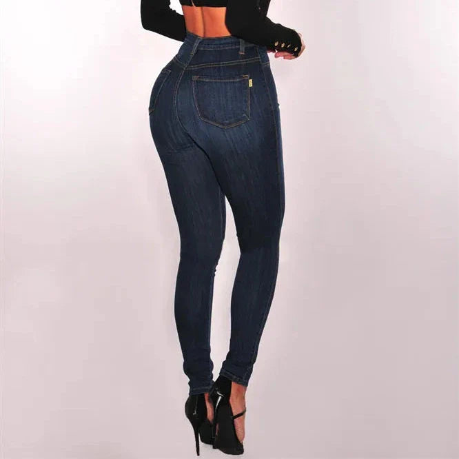 maoxiangshop Women High Waist Elastic Slim Fit Skinny Jeans Lady Vintage Button Pencil Long Pants Narrow Straight Wrap Hips Casual Trousers