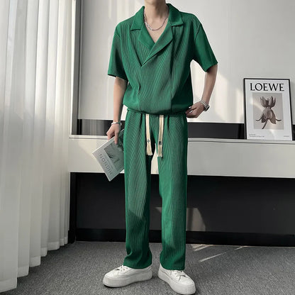 maoxiangshop Summer Pleated Sets Men Fashion Casual Short Sleeved T shirt/Trousers Two-piece Mens Korean Loose Ice Silk Sets Men 3-color