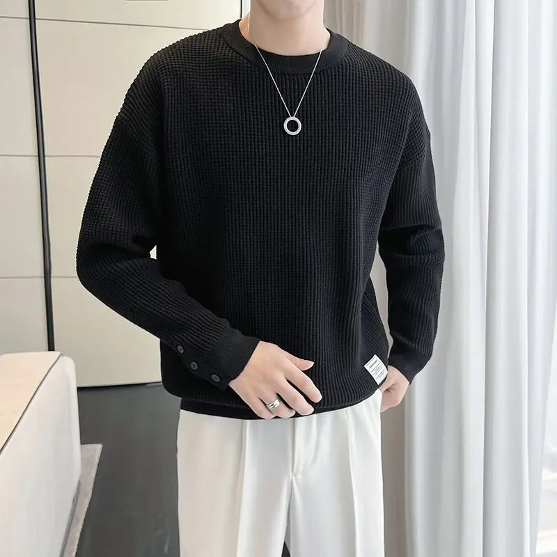 maoxiangshop Korean New Autumn And Winter Sweaters Men's O-Neck Solid Button Trend Fashion Casual Loose Long Sleeve Knitted Pullovers Tops