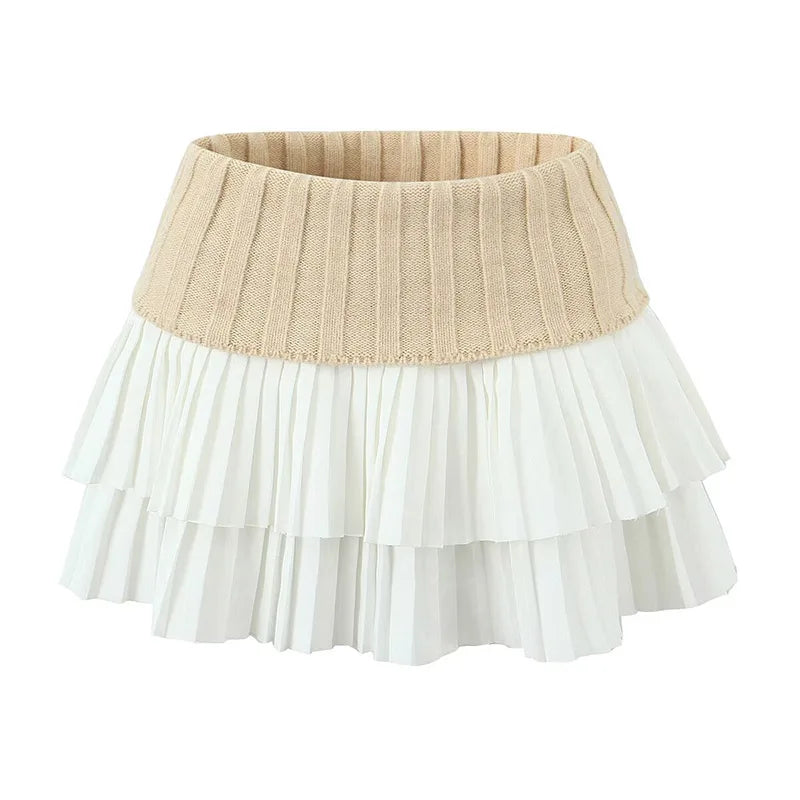 maoxiangshop  -  Sexy Knitted Double Layered Pleated Mini Skirt Women Elegant Sweet High Waist Cake Short Skirts Fluffy Autumn Street Party