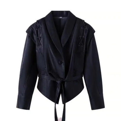 maoxiangshop  -  Fashion Leather Woman Short Jacket With Belt Turn Down Collar Long Sleeve Motorcycle Coat Ladies Winter Warm Street Outerwear