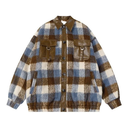 maoxiangshop  -  2024 American Retro Casual Woolen Patchwork Leather Jacket For Women In Autumn Winter Maillard Atmosphere Woolen Plaid Jacket