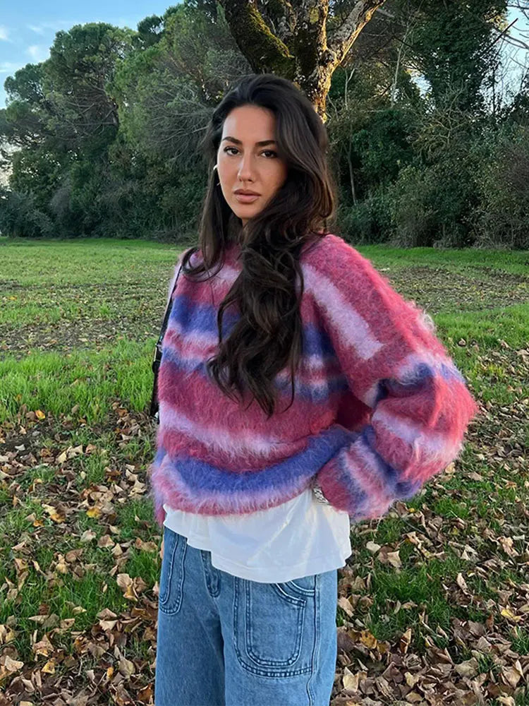 maoxiangshop O-neck Clashing Streak Printed Sweater For Women Casual Long Sleeve Spliced Jumper Fashion Lady Highstreet PulloverAutumn