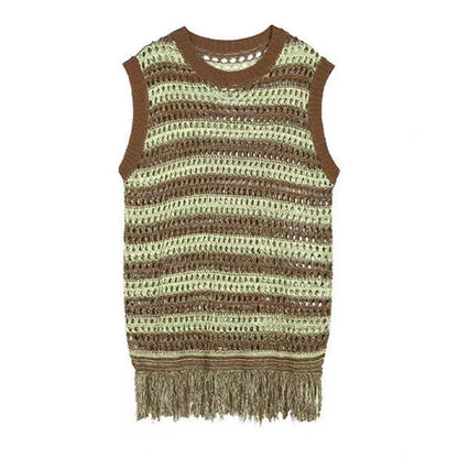 maoxiangshop Striped Mesh Vest for Men Vintage Knit Tank Tops Sleeveless Tee Male Casual Summer Beach Japanese Streetwear Hip Hop