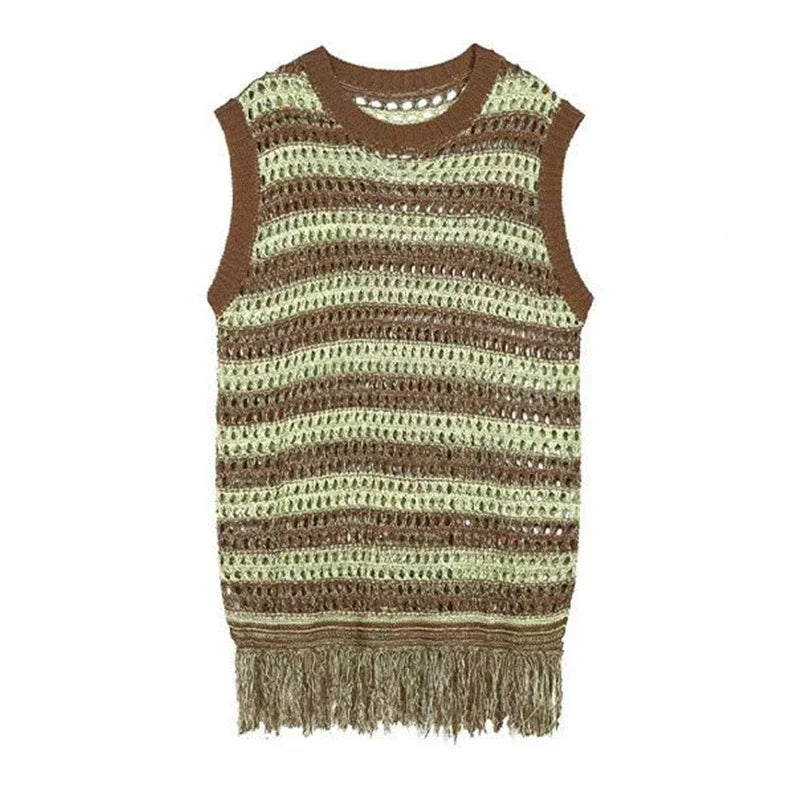maoxiangshop Striped Mesh Vest for Men Vintage Knit Tank Tops Sleeveless Tee Male Casual Summer Beach Japanese Streetwear Hip Hop