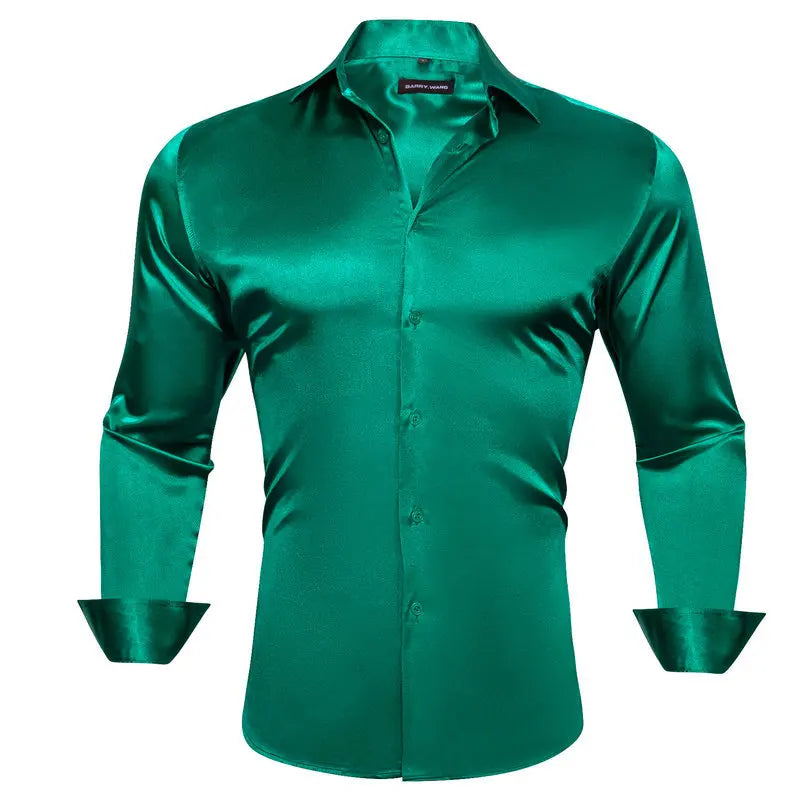 maoxiangshop Luxury Shirts for Men Silk Satin Solid Plain Red Green Yellow Purple Slim Fit Male Blouses Turn Down Collar Casual Tops