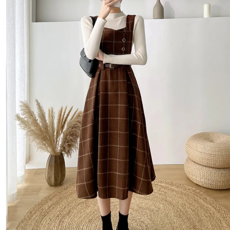 High Quality Fall Winter Women Sweater Overalls Dress Sets Casual Knitted Tops +Plaid Woolen Dress 2 Piece Sets Outfits Female