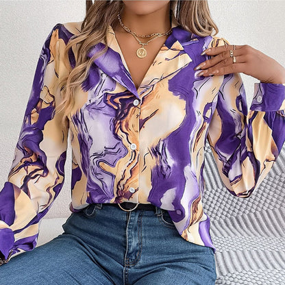 maoxiangshop Elegant Tie-dye Women's Shirt Autumn Puff Long Sleeve Tops Youth Red Shirts & Blouses Casual Button Blouse New Collection