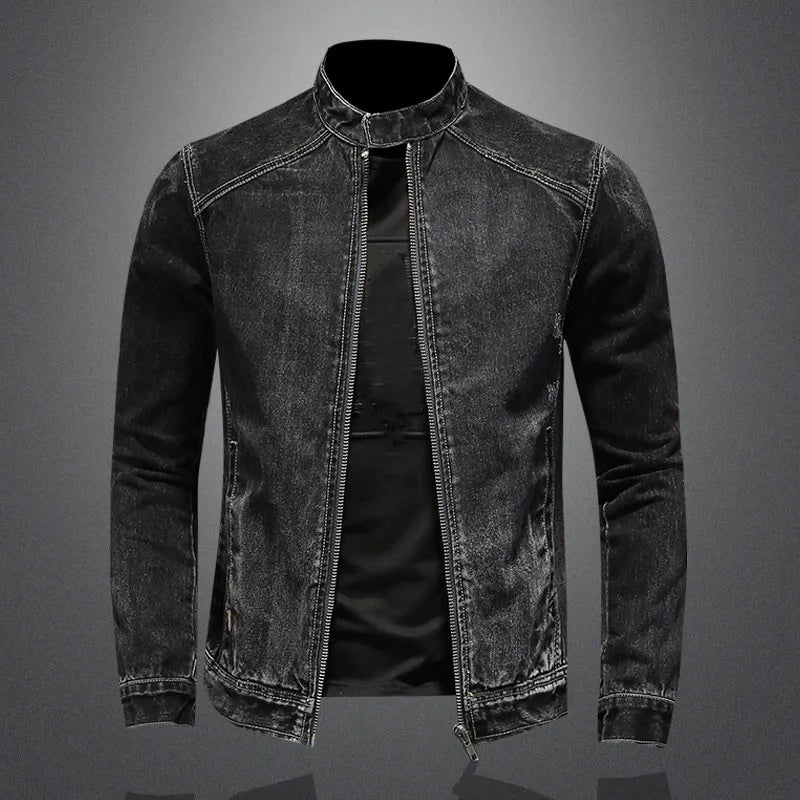 maoxiangshop High Quality Men's Denim Jackets Black Stand Collar Motorcycle Outerwear Cotton Vintage Bomber Jacket Mens Moto Biker Denim Coat