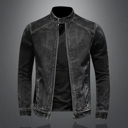 maoxiangshop High Quality Men's Denim Jackets Black Stand Collar Motorcycle Outerwear Cotton Vintage Bomber Jacket Mens Moto Biker Denim Coat