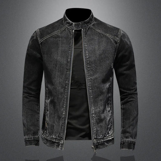 maoxiangshop High Quality Men's Denim Jackets Black Stand Collar Motorcycle Outerwear Cotton Vintage Bomber Jacket Mens Moto Biker Denim Coat