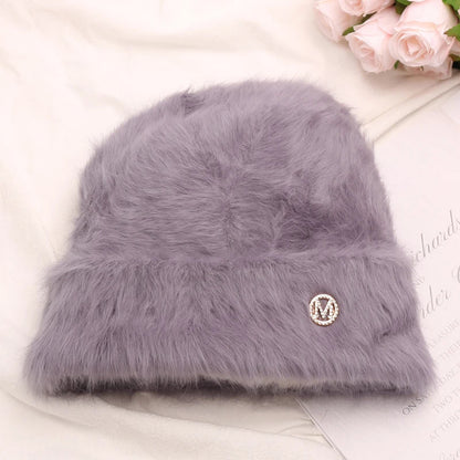 maoxiangshop New Fashion Rabbit Fur Y2k Beanies for Women Soft Warm Fluffy Angola Winter Hat Female Windproof Bonnet Hat Skullies Cap