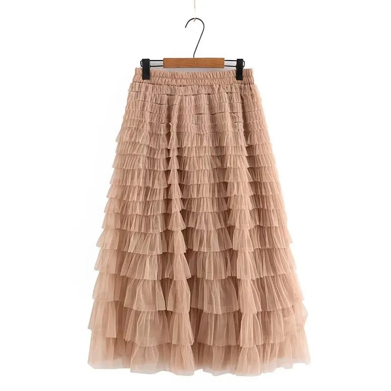 maoxiangshop Plus Size Women's Clothing Skirt Elastic Waist Mesh Skirt Calf And Calf Cake Skirt Summer Thin Double Layer Umbrella Skirt 4XL