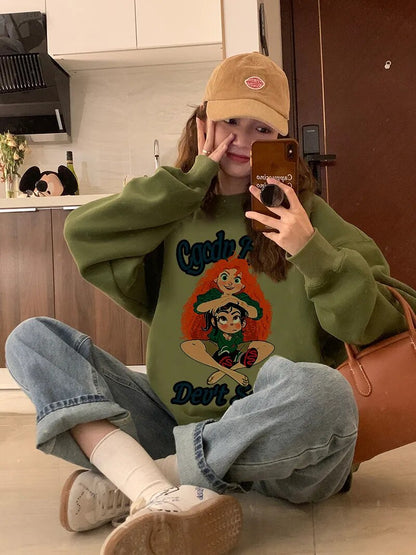 Women Green Sweatshirt Round Neck Letter Print Korean Fashion Vintage Leisure Baggy Winter NEW Long Sleeves Brown Pullover Tops