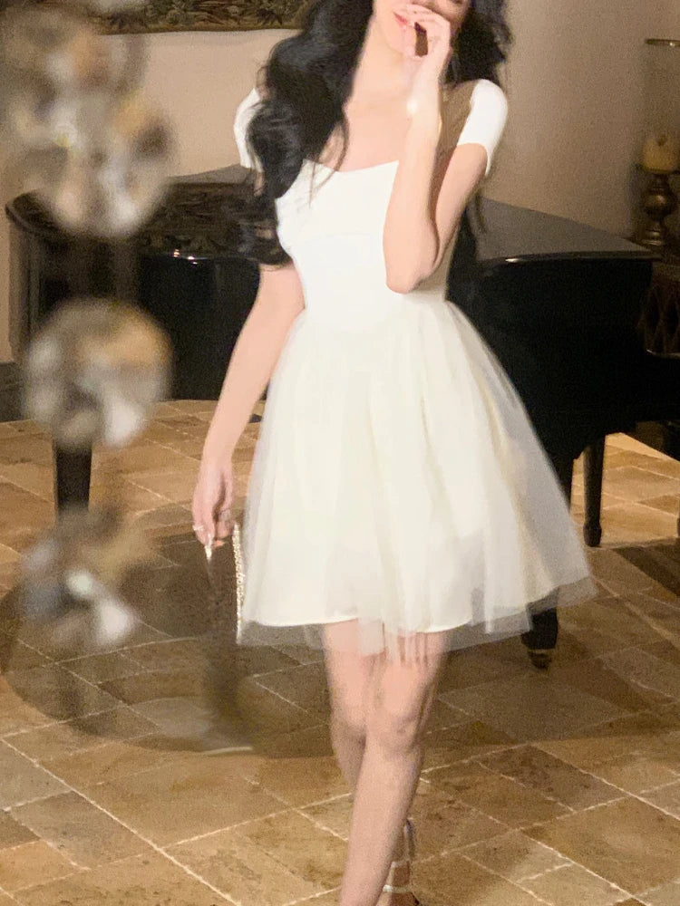 Pure Color French Elegant Dress Office Lady Summer Short Sleeve Fairy Midi Dress Casual Fashion Evening Party Dress Woman