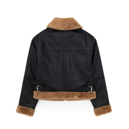maoxiangshop  -  Loose Moto Biker Winter Shearling Sheepskin Leather Jackets Streetwear Thicken Parka Faux Leather Lamb Fur Outwear