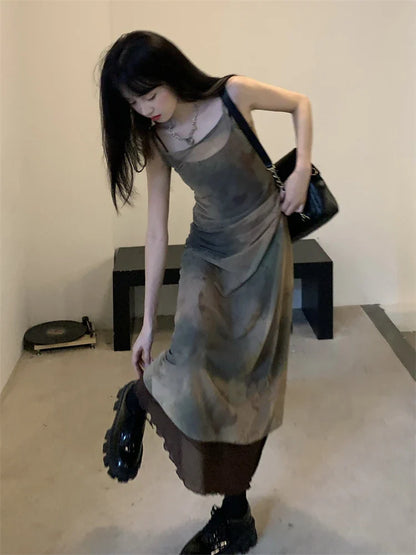 maoxiangshop Vintage Double-Layer Mesh Printed Maxi Dresses For Women Grunge Gothic Spaghetti Strap Vestidos Korean Style Sheer Dress