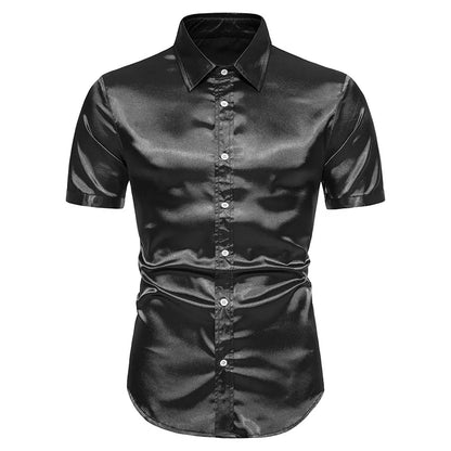 maoxiangshop Men's Black Satin Luxury Dress Shirts Silk Smooth Men Tuxedo Shirt Slim Fit Wedding Party Prom Casual Shirt Chemise Homme