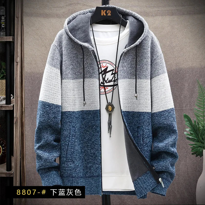 maoxiangshop Winter Men Sweater Add Velvet Cardigan Patchwork Color Stand Collar Male Casual Zipper Knitted Thick Warm Sweatercoat