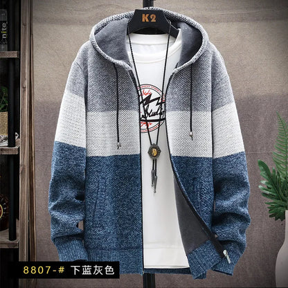 maoxiangshop Winter Men Sweater Add Velvet Cardigan Patchwork Color Stand Collar Male Casual Zipper Knitted Thick Warm Sweatercoat