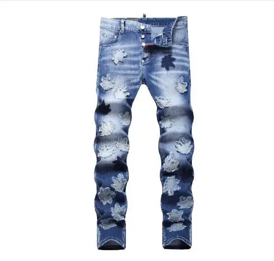 maoxiangshop Men Blue Denim Jeans Skinny Holes Jeans Italian Style Stretch Denim Pants High Quality Male Slim Fit Denim Trousers Size 42