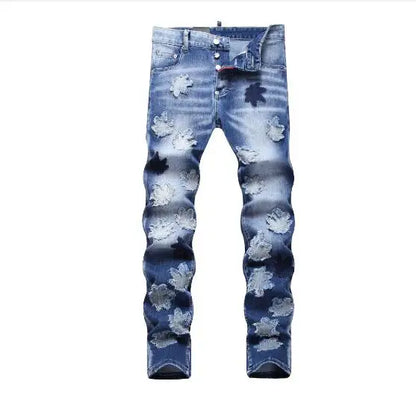 maoxiangshop Men Blue Denim Jeans Skinny Holes Jeans Italian Style Stretch Denim Pants High Quality Male Slim Fit Denim Trousers Size 42