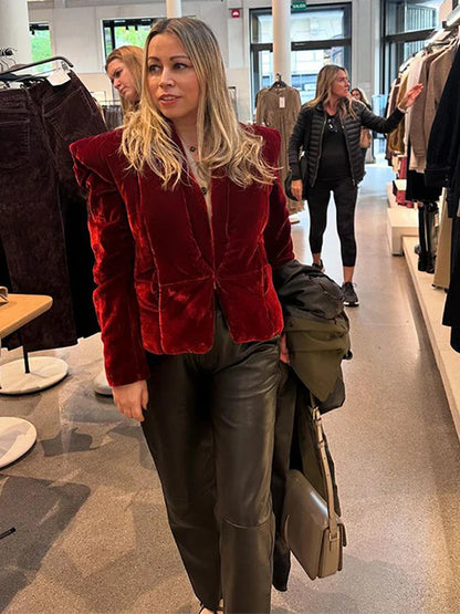 maoxiangshop  -  Velvet Shoulder Pad Coat Women Lapel Fashion Full Sleeve Cotton Chic Jacket 2024 Autumn Thicken Button Up Lady Overcoat Tops