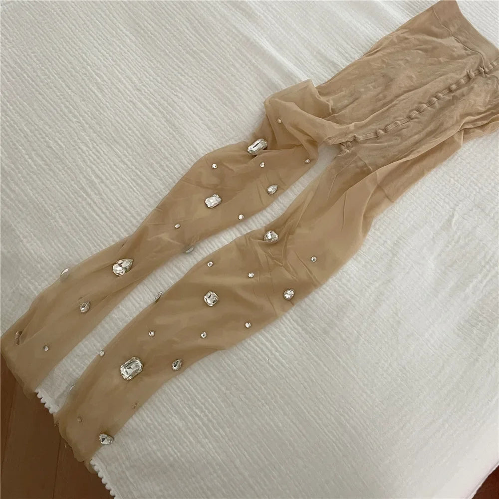 maoxiangshop -  Rhinestones Splice Pantyhose Women Thigh Mesh Sexy See Through Solid Stockings Hot Girl Autumn Clubwear Tights Femme