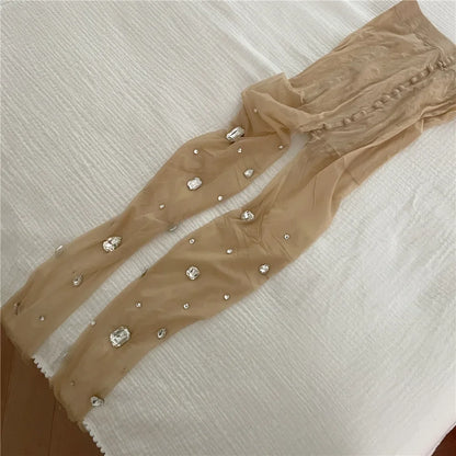 maoxiangshop -  Rhinestones Splice Pantyhose Women Thigh Mesh Sexy See Through Solid Stockings Hot Girl Autumn Clubwear Tights Femme