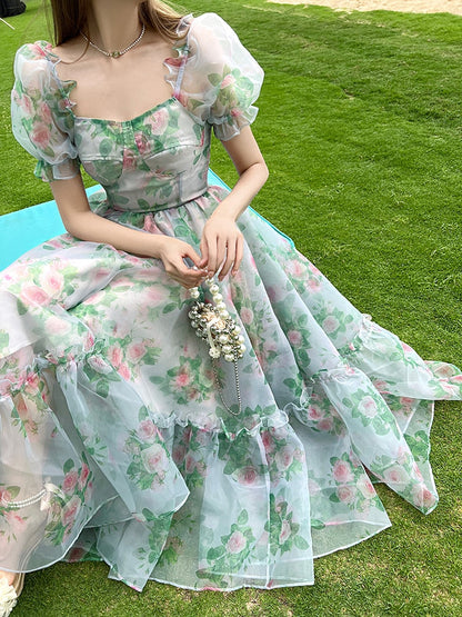 maoxiangshop Vintage Floral Evening Midi Maxi Dresses for Women Elegant Casual Party Prom Green Holiday Princess Fairy Long Dress Summer